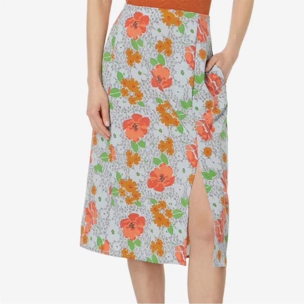 Toad&Co Sunkissed Floral Midi Skirt Pull On Front Slit Pockets Orange Gray Small